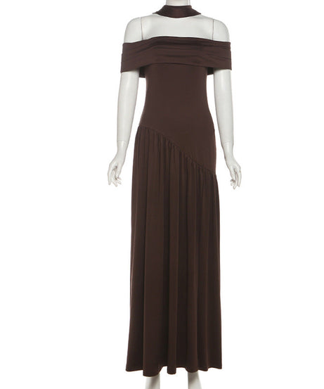 Espresso Elegance: Chic Off-Shoulder Halter Maxi Dress with Asymmetrical Flow – Fall & Holiday Ready