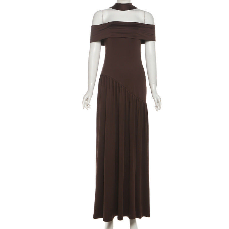 Espresso Elegance: Chic Off-Shoulder Halter Maxi Dress with Asymmetrical Flow – Fall & Holiday Ready
