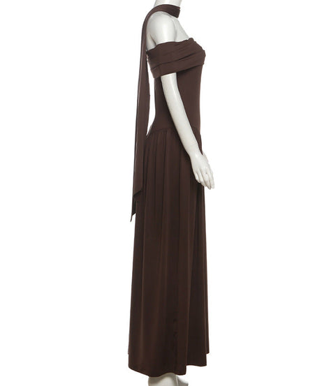 Espresso Elegance: Chic Off-Shoulder Halter Maxi Dress with Asymmetrical Flow – Fall & Holiday Ready