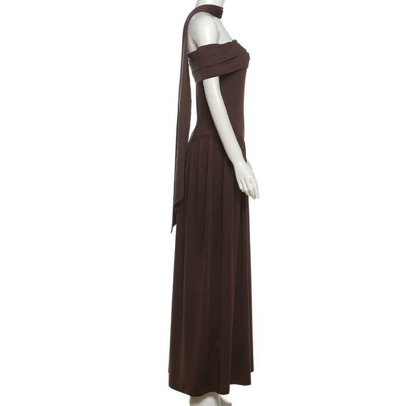 Espresso Elegance: Chic Off-Shoulder Halter Maxi Dress with Asymmetrical Flow – Fall & Holiday Ready