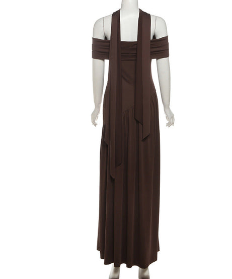Espresso Elegance: Chic Off-Shoulder Halter Maxi Dress with Asymmetrical Flow – Fall & Holiday Ready