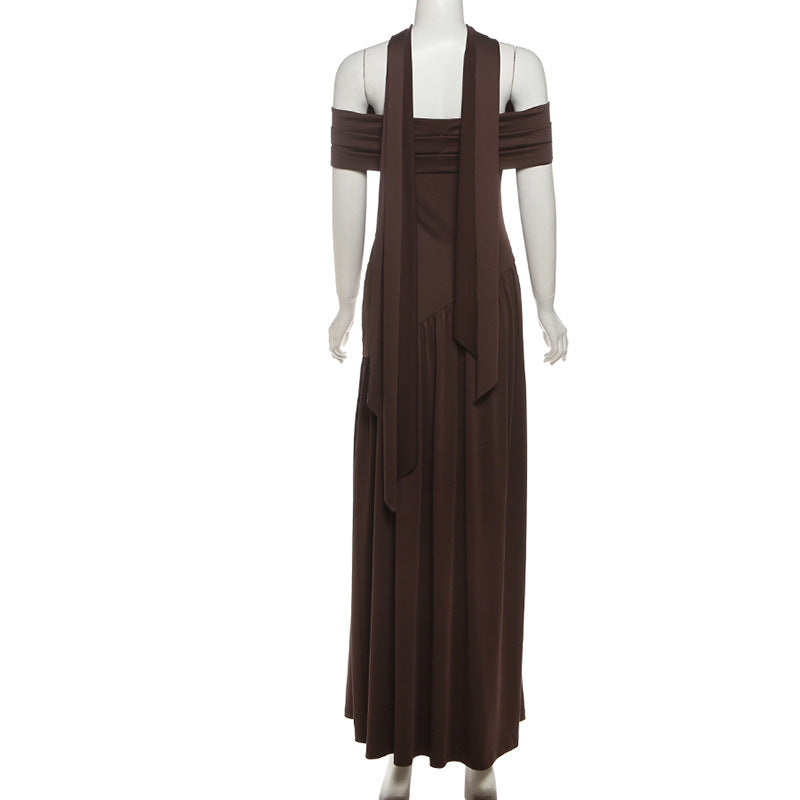 Espresso Elegance: Chic Off-Shoulder Halter Maxi Dress with Asymmetrical Flow – Fall & Holiday Ready