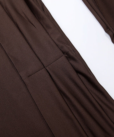 Espresso Elegance: Chic Off-Shoulder Halter Maxi Dress with Asymmetrical Flow – Fall & Holiday Ready