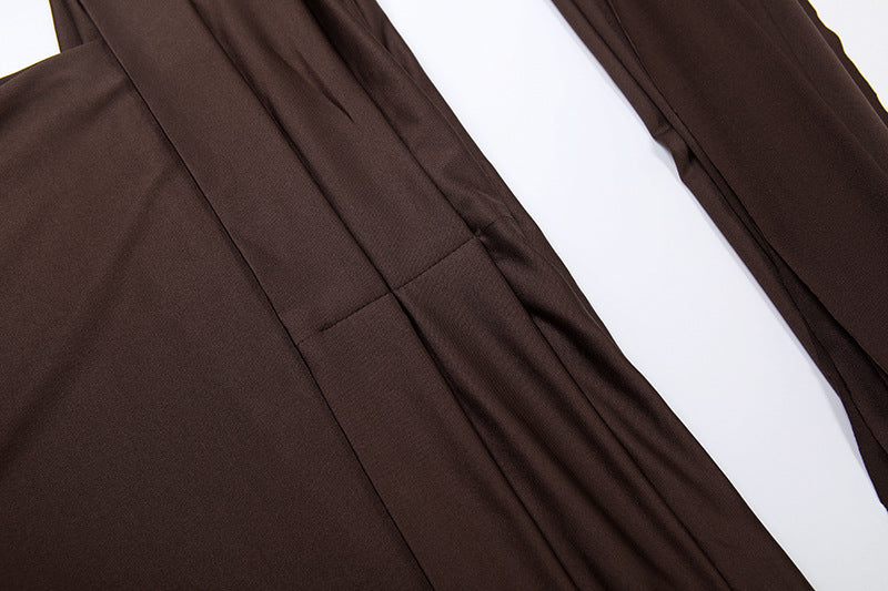 Espresso Elegance: Chic Off-Shoulder Halter Maxi Dress with Asymmetrical Flow – Fall & Holiday Ready