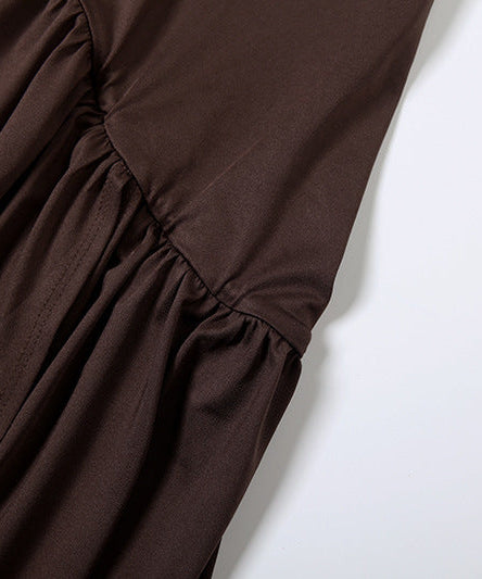 Espresso Elegance: Chic Off-Shoulder Halter Maxi Dress with Asymmetrical Flow – Fall & Holiday Ready