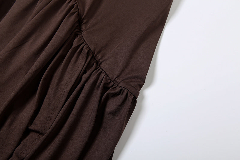 Espresso Elegance: Chic Off-Shoulder Halter Maxi Dress with Asymmetrical Flow – Fall & Holiday Ready