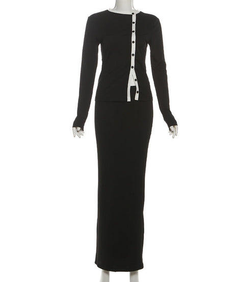 Effortless Fall Elegance: Ribbed Knit Long Sleeve Top & Maxi Skirt Co-ord Set