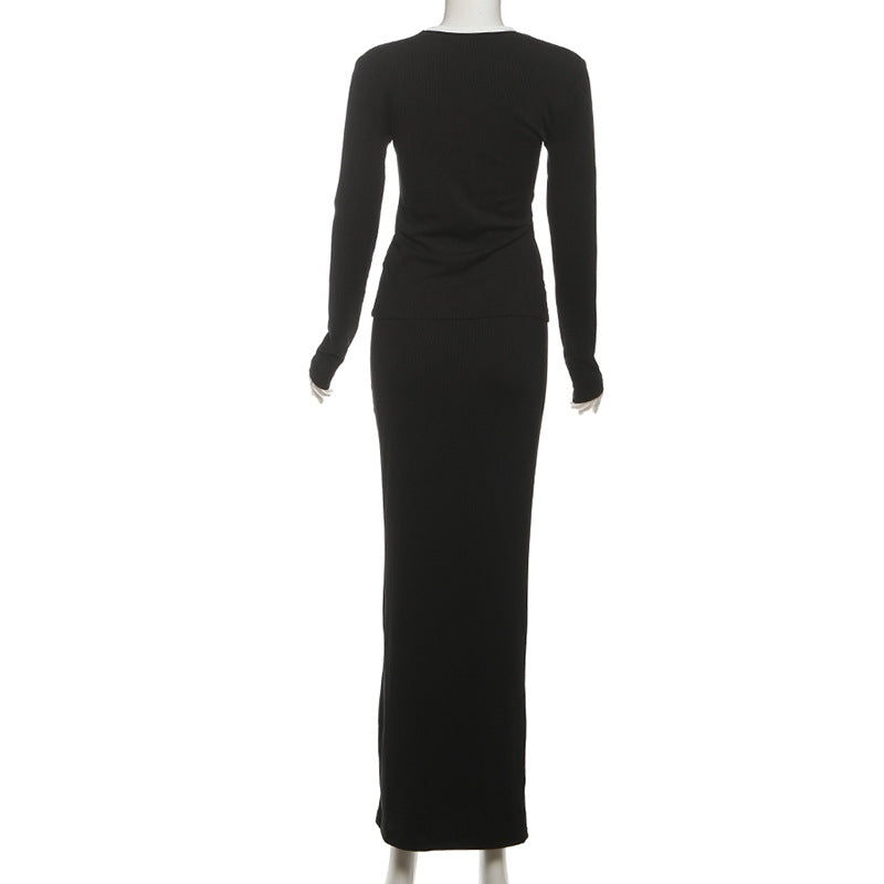 Effortless Fall Elegance: Ribbed Knit Long Sleeve Top & Maxi Skirt Co-ord Set