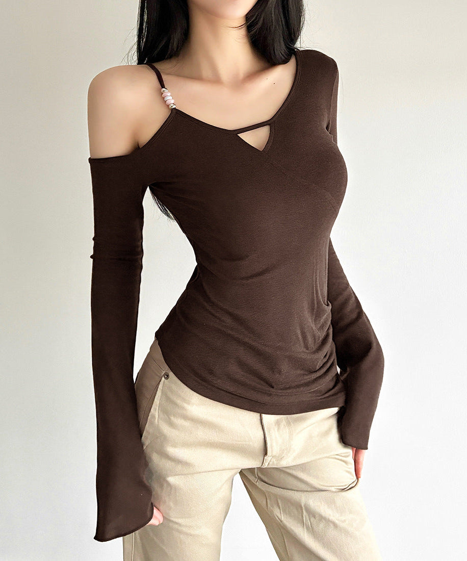 Espresso Elegance: Chic One-Shoulder Cutout Long Sleeve Top with Beaded Detail for Fall