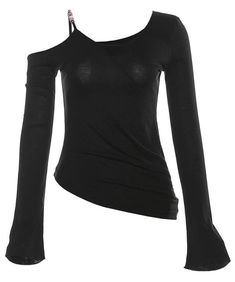 Espresso Elegance: Chic One-Shoulder Cutout Long Sleeve Top with Beaded Detail for Fall