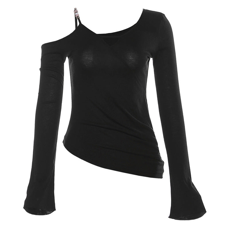 Espresso Elegance: Chic One-Shoulder Cutout Long Sleeve Top with Beaded Detail for Fall
