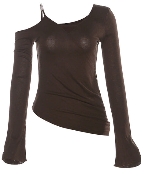 Espresso Elegance: Chic One-Shoulder Cutout Long Sleeve Top with Beaded Detail for Fall