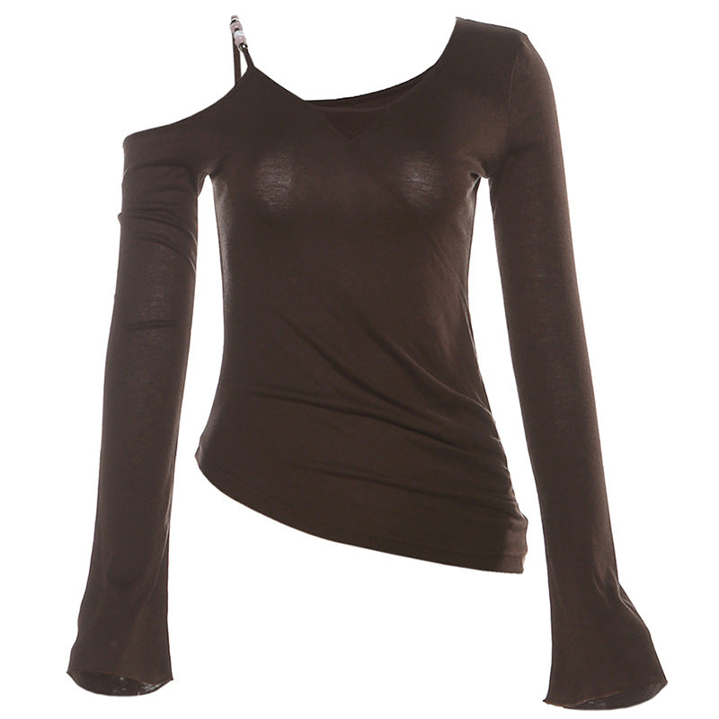 Espresso Elegance: Chic One-Shoulder Cutout Long Sleeve Top with Beaded Detail for Fall