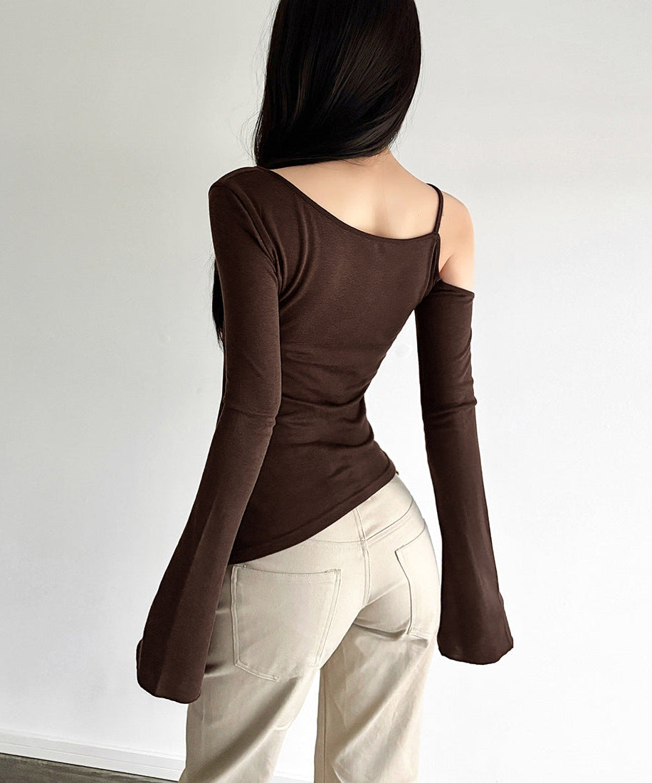Espresso Elegance: Chic One-Shoulder Cutout Long Sleeve Top with Beaded Detail for Fall