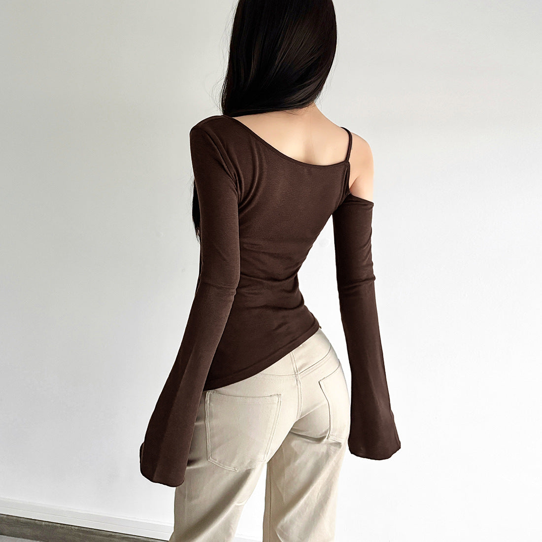 Espresso Elegance: Chic One-Shoulder Cutout Long Sleeve Top with Beaded Detail for Fall
