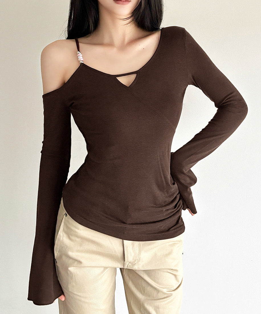 Espresso Elegance: Chic One-Shoulder Cutout Long Sleeve Top with Beaded Detail for Fall