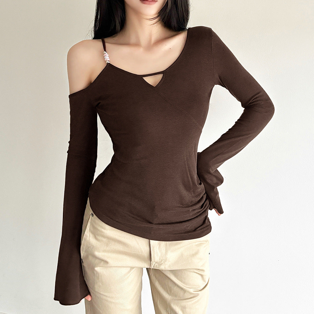 Espresso Elegance: Chic One-Shoulder Cutout Long Sleeve Top with Beaded Detail for Fall