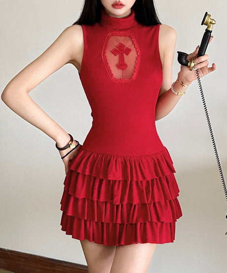 Crimson Coffin Cross Ruffle Mini Dress - Your Bold Halloween & Fall Party Statement