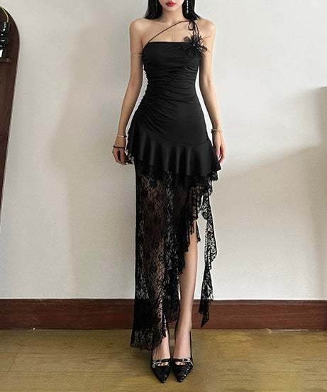 Sultry Asymmetric Black Lace Maxi Dress - One-Shoulder Ruffle Elegance for Fall & Holiday Parties