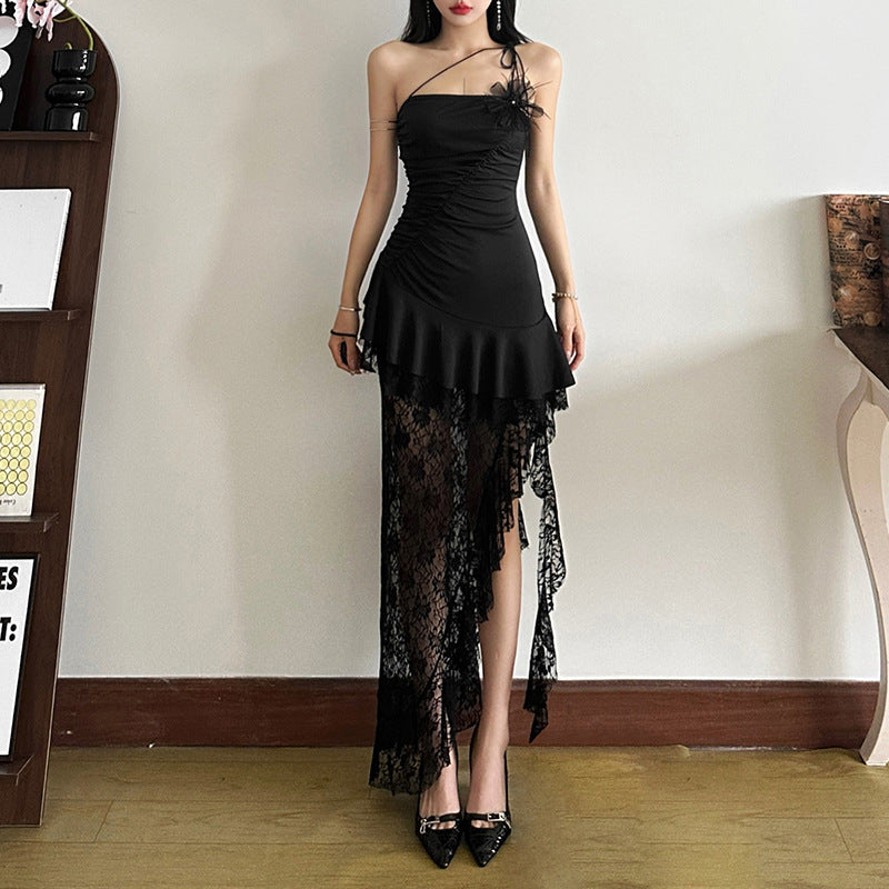 Sultry Asymmetric Black Lace Maxi Dress - One-Shoulder Ruffle Elegance for Fall & Holiday Parties