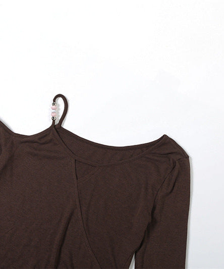 Espresso Elegance: Chic One-Shoulder Cutout Long Sleeve Top with Beaded Detail for Fall