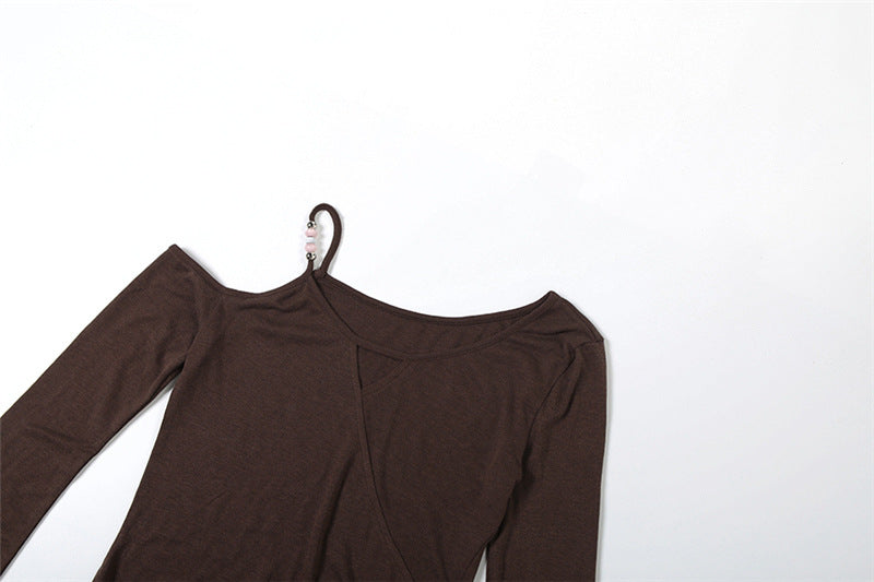 Espresso Elegance: Chic One-Shoulder Cutout Long Sleeve Top with Beaded Detail for Fall