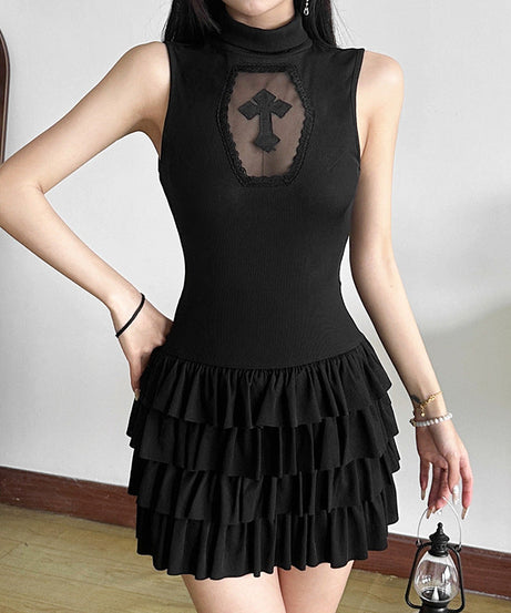 Crimson Coffin Cross Ruffle Mini Dress - Your Bold Halloween & Fall Party Statement