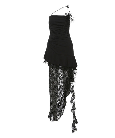 Sultry Asymmetric Black Lace Maxi Dress - One-Shoulder Ruffle Elegance for Fall & Holiday Parties