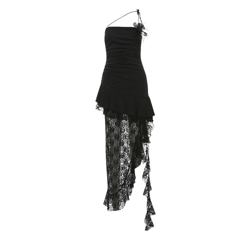 Sultry Asymmetric Black Lace Maxi Dress - One-Shoulder Ruffle Elegance for Fall & Holiday Parties