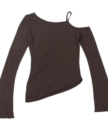 Espresso Elegance: Chic One-Shoulder Cutout Long Sleeve Top with Beaded Detail for Fall