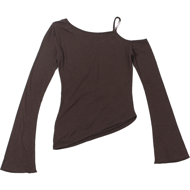 Espresso Elegance: Chic One-Shoulder Cutout Long Sleeve Top with Beaded Detail for Fall