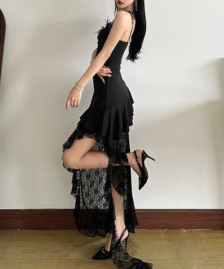 Sultry Asymmetric Black Lace Maxi Dress - One-Shoulder Ruffle Elegance for Fall & Holiday Parties