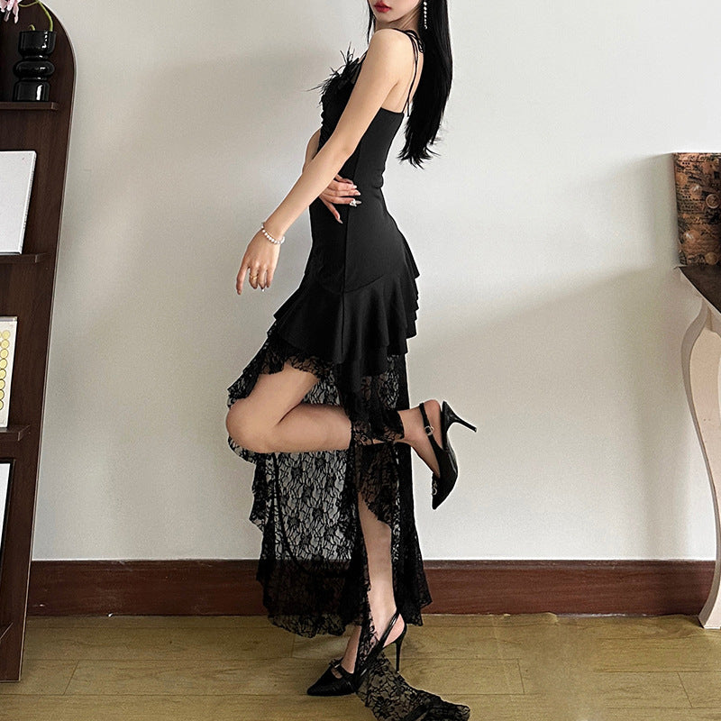Sultry Asymmetric Black Lace Maxi Dress - One-Shoulder Ruffle Elegance for Fall & Holiday Parties