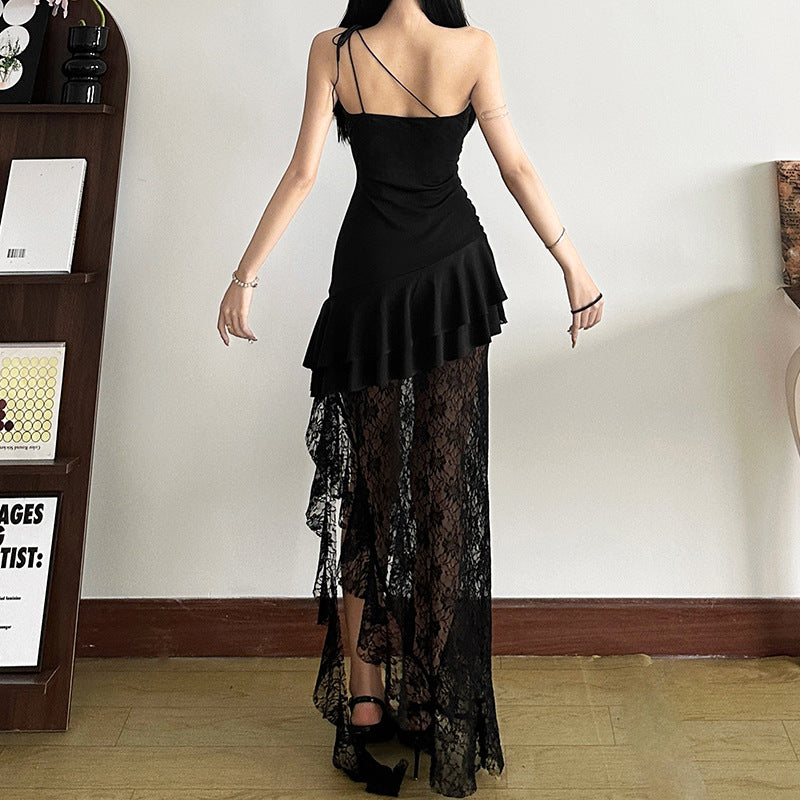 Sultry Asymmetric Black Lace Maxi Dress - One-Shoulder Ruffle Elegance for Fall & Holiday Parties