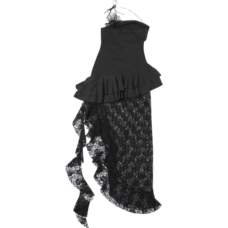 Sultry Asymmetric Black Lace Maxi Dress - One-Shoulder Ruffle Elegance for Fall & Holiday Parties