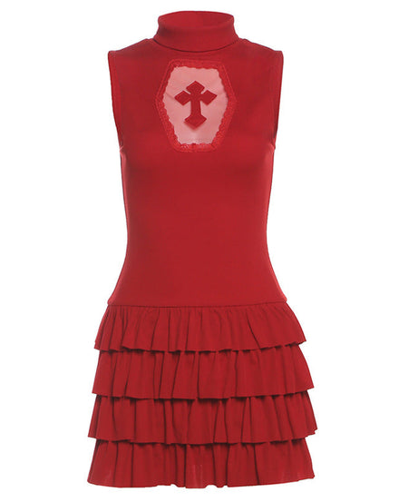 Crimson Coffin Cross Ruffle Mini Dress - Your Bold Halloween & Fall Party Statement