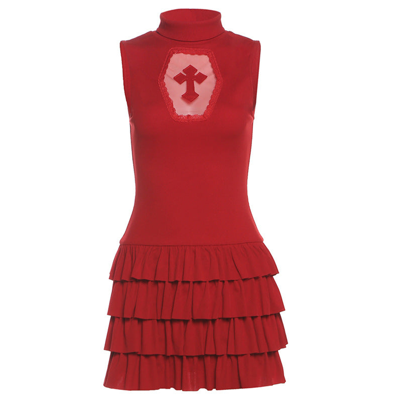Crimson Coffin Cross Ruffle Mini Dress - Your Bold Halloween & Fall Party Statement