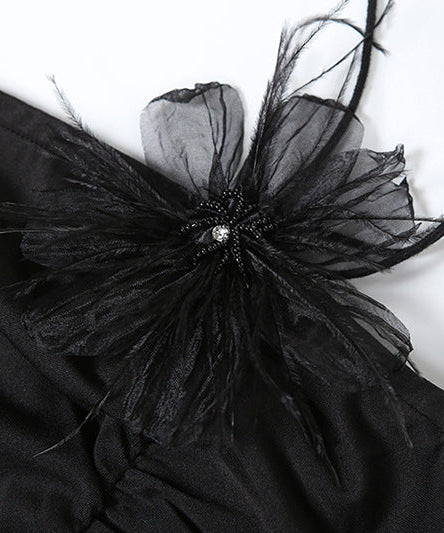 Sultry Asymmetric Black Lace Maxi Dress - One-Shoulder Ruffle Elegance for Fall & Holiday Parties