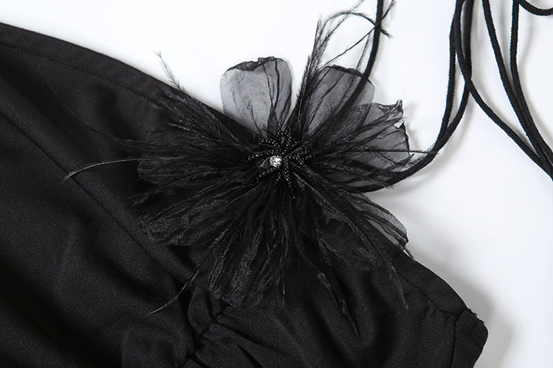 Sultry Asymmetric Black Lace Maxi Dress - One-Shoulder Ruffle Elegance for Fall & Holiday Parties