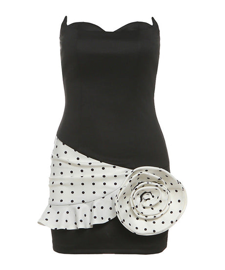 Showstopping Black Polka Dot Rose Strapless Mini Dress - Your Go-To for Fall Parties & Glam Nights