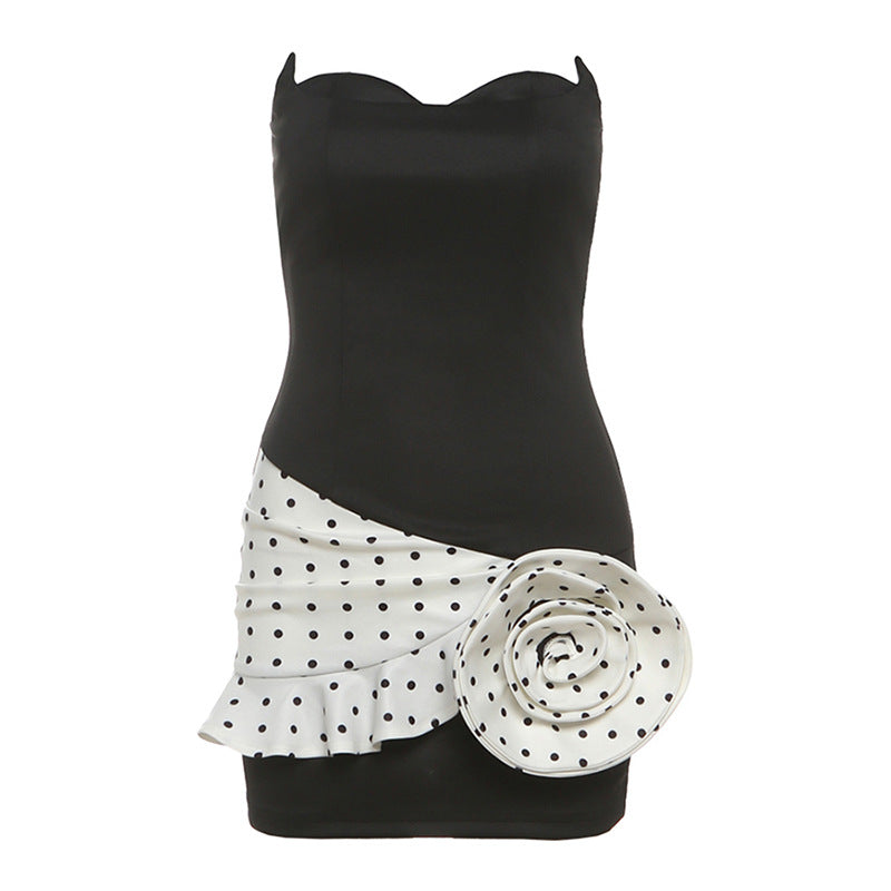 Showstopping Black Polka Dot Rose Strapless Mini Dress - Your Go-To for Fall Parties & Glam Nights