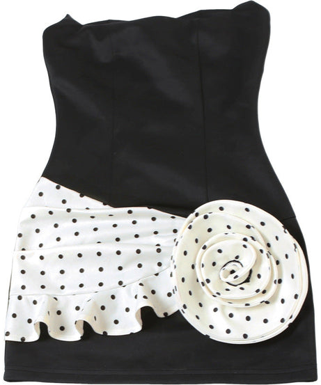 Showstopping Black Polka Dot Rose Strapless Mini Dress - Your Go-To for Fall Parties & Glam Nights
