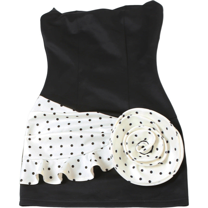 Showstopping Black Polka Dot Rose Strapless Mini Dress - Your Go-To for Fall Parties & Glam Nights