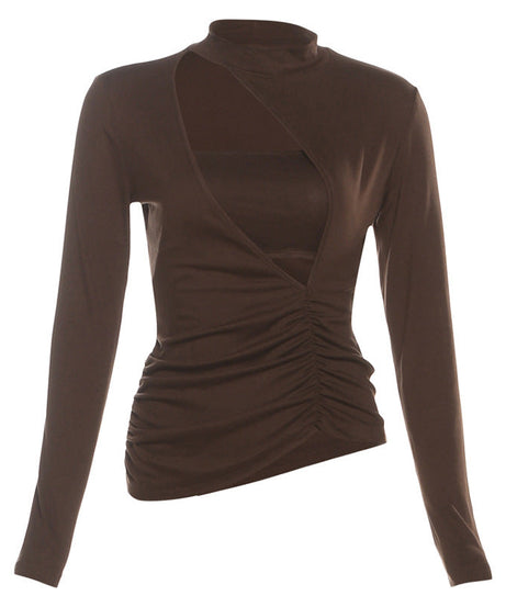 Chic Fall Mock Neck Cutout Ruched Long Sleeve Top - Chocolate Brown