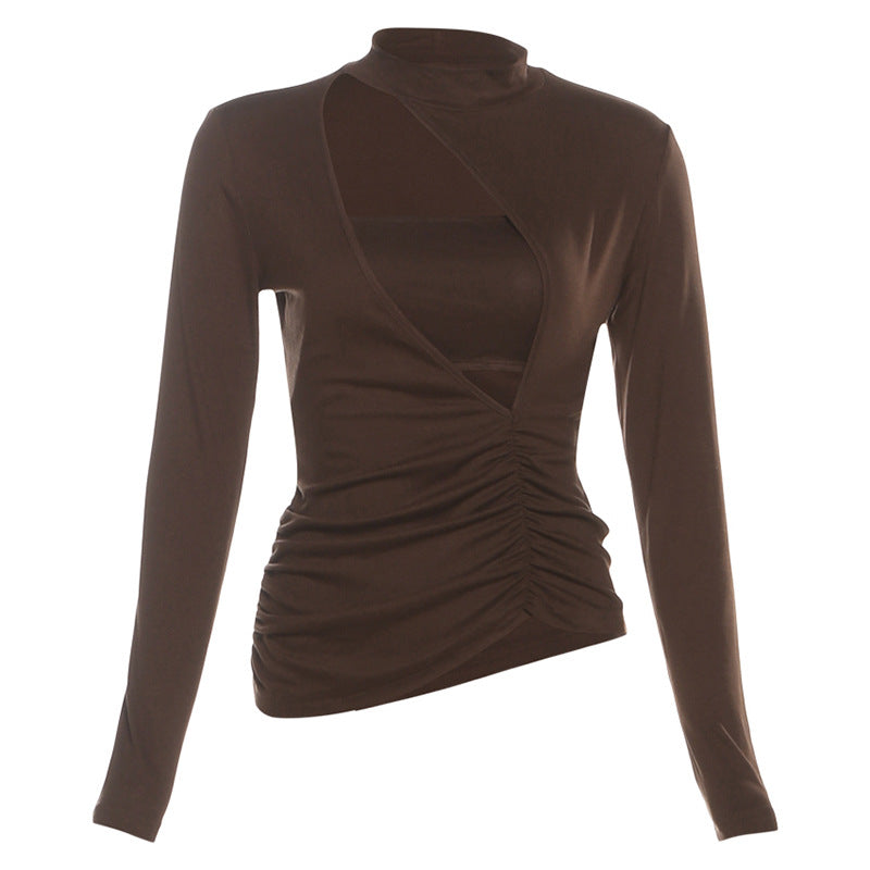 Chic Fall Mock Neck Cutout Ruched Long Sleeve Top - Chocolate Brown