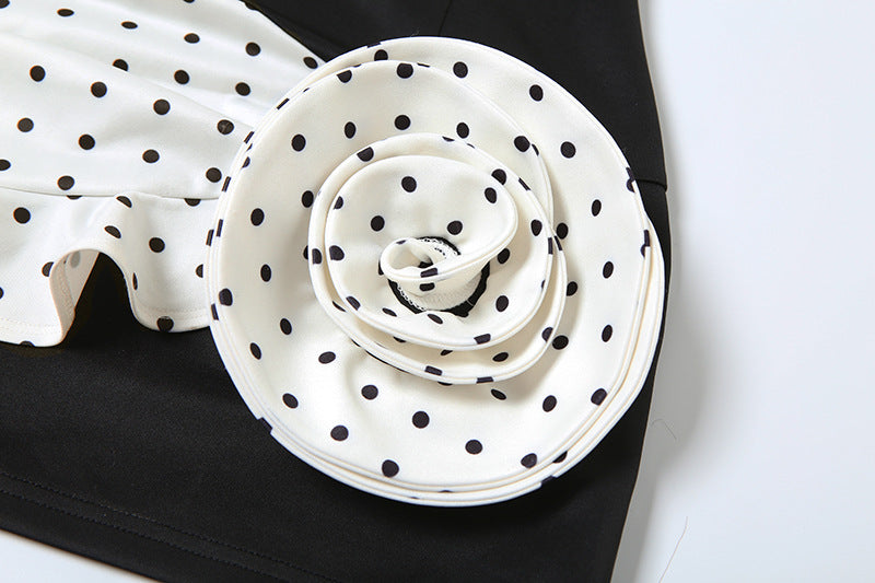 Showstopping Black Polka Dot Rose Strapless Mini Dress - Your Go-To for Fall Parties & Glam Nights