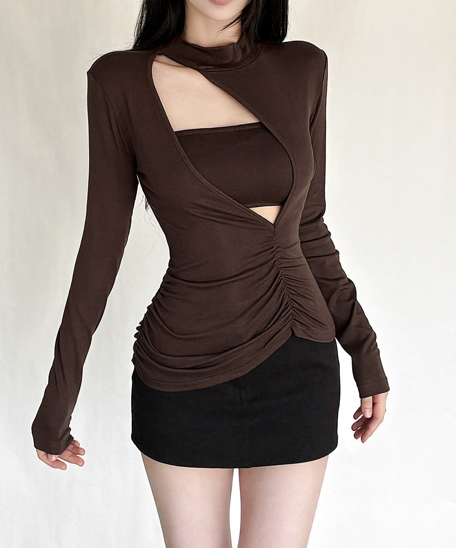 Chic Fall Mock Neck Cutout Ruched Long Sleeve Top - Chocolate Brown