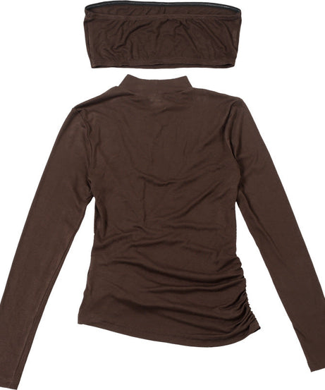 Chic Fall Mock Neck Cutout Ruched Long Sleeve Top - Chocolate Brown
