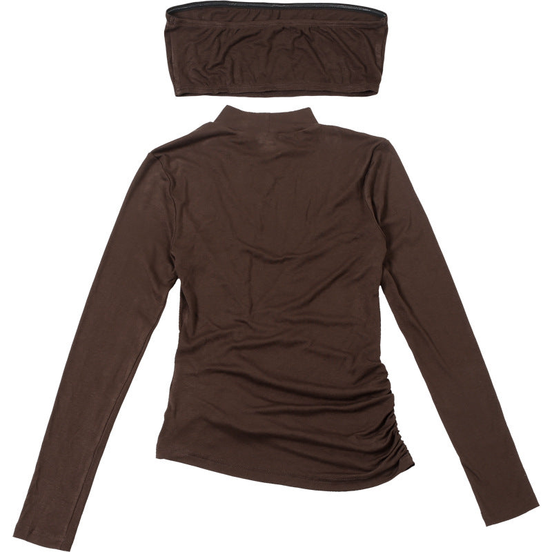 Chic Fall Mock Neck Cutout Ruched Long Sleeve Top - Chocolate Brown