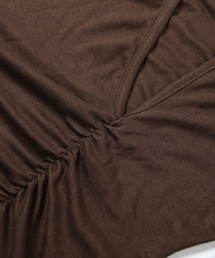 Chic Fall Mock Neck Cutout Ruched Long Sleeve Top - Chocolate Brown